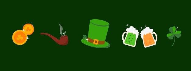 Conjunto de elementos del día de San Patricio en un fondo verde Ilustración vectorial para vacaciones irlandesas