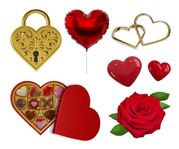 conjunto de elementos del día de san valentín 3d colección de elementos realistas aislados de valentín