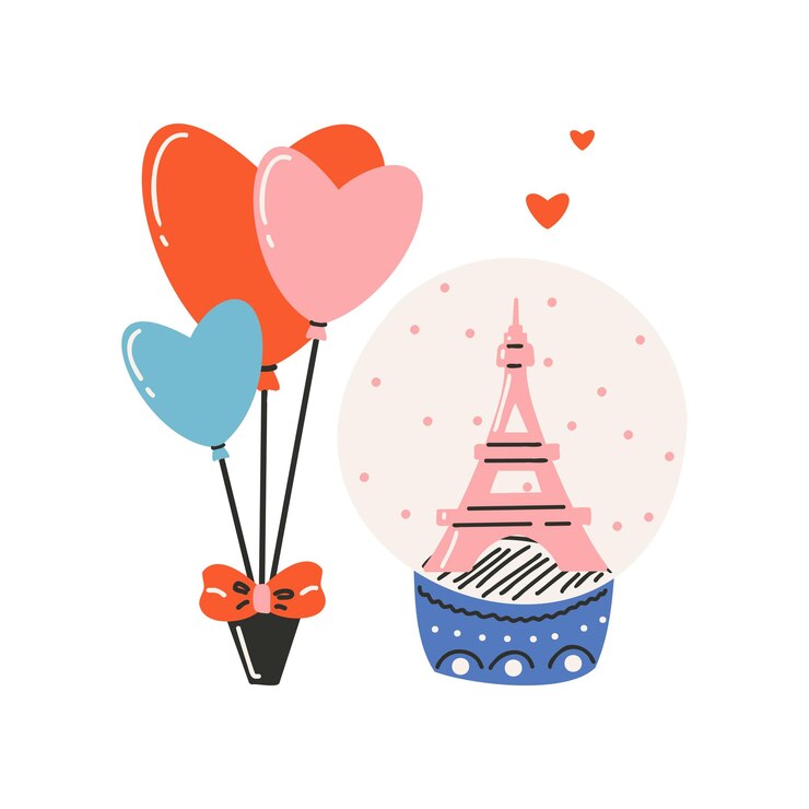 Vector conjunto de elementos para el día de san valentín capa de vidrio con torre eiffel y corazones globos están atados con un arco símbolo de romance de amor.