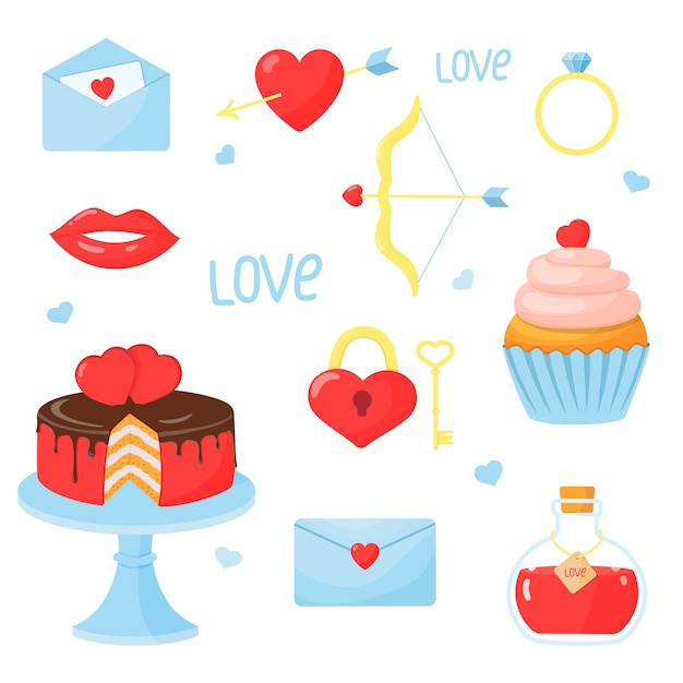 Conjunto de elementos para el día de San Valentín: corazón, pastel, magdalena, flecha y arco, anillo, carta, elixir de amor, candado con llave. ilustración en estilo de dibujos animados.