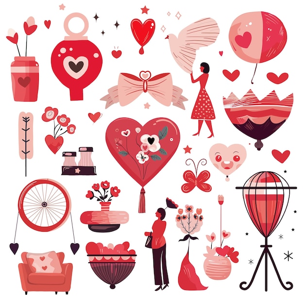 Conjunto de elementos para el Día de San Valentín Corazón sobre un fondo blanco Conjunto de pegatinas de amor