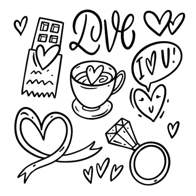 Vector conjunto de elementos del día de san valentín dibujados a mano objetos de colección de clipart vectoriales de color negro