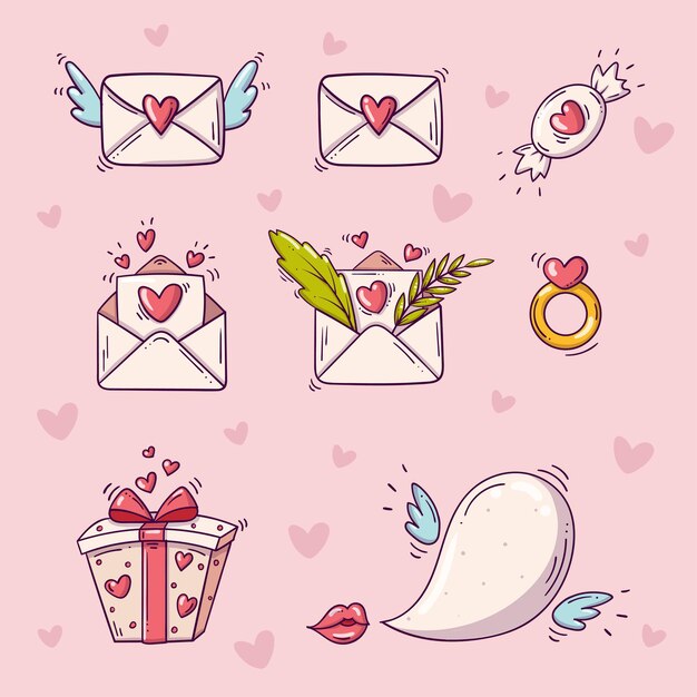 Conjunto de elementos para el día de San Valentín en estilo doodle sobre fondo rosa con corazones