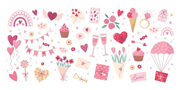 Conjunto de elementos del día de San Valentín Regalo corazón globo flores clave rosa caramelo Pegatinas estilo de dibujos animados