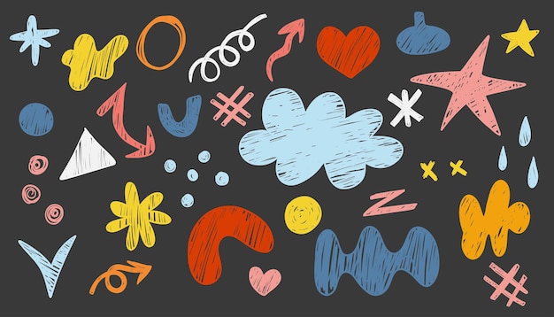 Conjunto de elementos dibujados a mano aislados en un fondo negro Ilustración vectorial