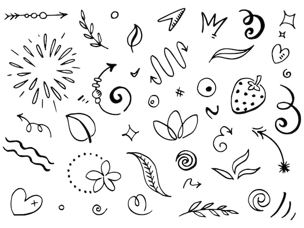 Conjunto de elementos dibujados a mano Cintas de flechas abstractas y otros elementos en estilo dibujado a mano para el diseño conceptual Ilustración de vector de Doodle
