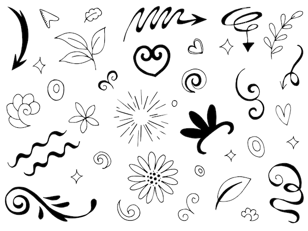 Conjunto de elementos dibujados a mano Cintas de flechas abstractas y otros elementos en estilo dibujado a mano para el diseño conceptual Ilustración de vector de Doodle