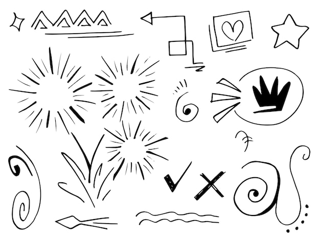 Conjunto de elementos dibujados a mano Cintas de flechas abstractas y otros elementos en estilo dibujado a mano para el diseño conceptual Ilustración de vector de Doodle