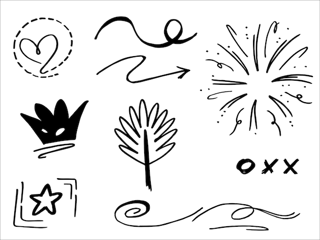 Conjunto de elementos dibujados a mano Cintas de flechas abstractas y otros elementos en estilo dibujado a mano para el diseño conceptual Ilustración de vector de Doodle