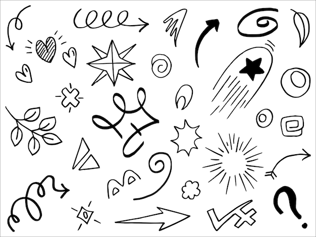Conjunto de elementos dibujados a mano Cintas de flechas abstractas y otros elementos en estilo dibujado a mano para el diseño conceptual Ilustración de vector de Doodle