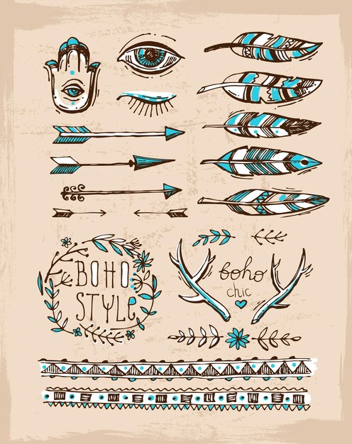 Conjunto de elementos dibujados a mano estilo boho Ilustración de vector boho Elementos tribales para boda boho