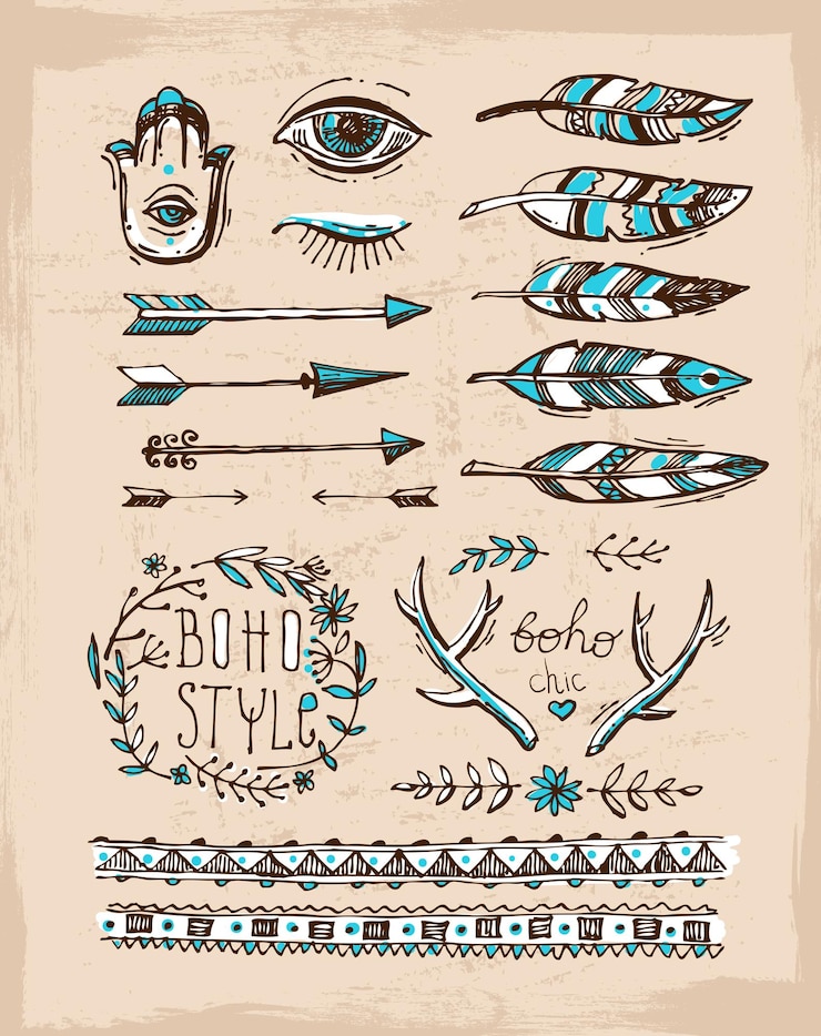 Vector conjunto de elementos dibujados a mano estilo boho ilustración de vector boho elementos tribales para boda boho