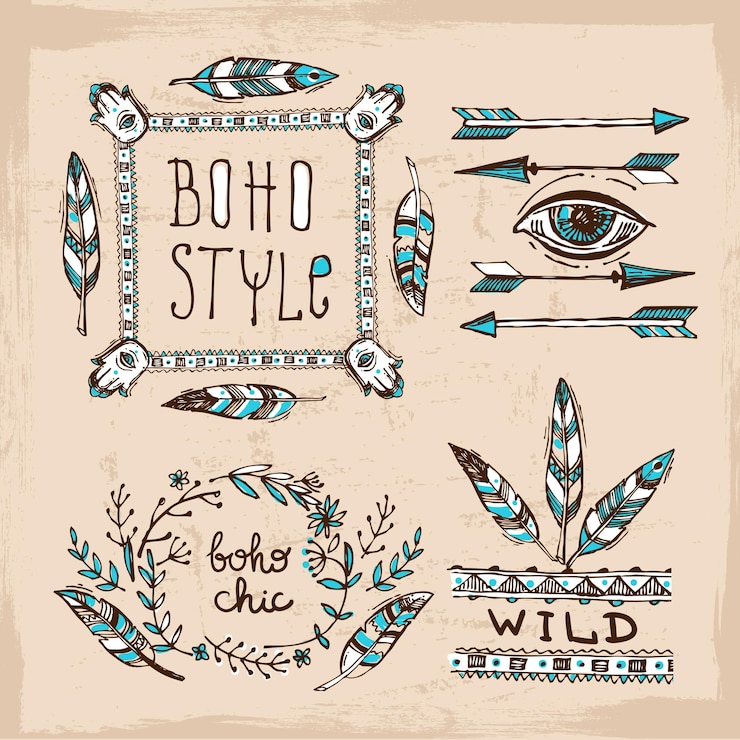 Vector conjunto de elementos dibujados a mano estilo boho ilustración de vector boho elementos tribales para boda boho