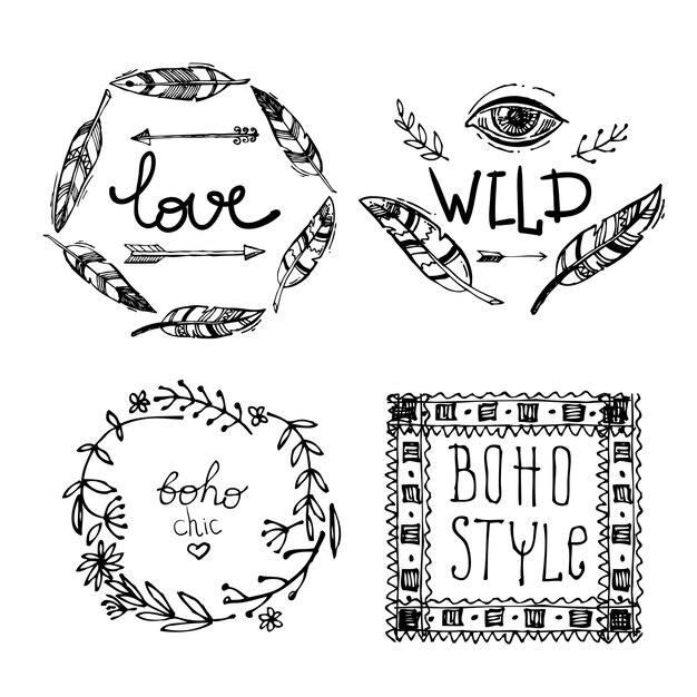 Conjunto de elementos dibujados a mano estilo boho Ilustración de vector boho Elementos tribales para boda boho