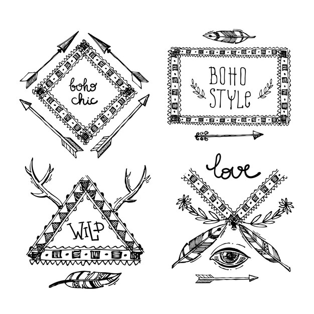 Conjunto de elementos dibujados a mano estilo boho Ilustración de vector boho Elementos tribales para boda boho