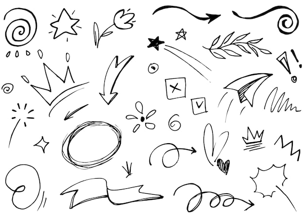 Conjunto de elementos dibujados a mano Flechas abstractas cinta corazón estrella hoja corona y otros elementos en estilo dibujado a mano para el diseño de concepto Ilustración de garabato Ilustración vectorial