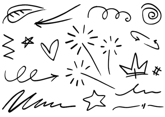 Conjunto de elementos dibujados a mano Flechas abstractas cinta corazón estrella hoja corona y otros elementos en estilo dibujado a mano para el diseño de concepto Ilustración de garabato Ilustración vectorial