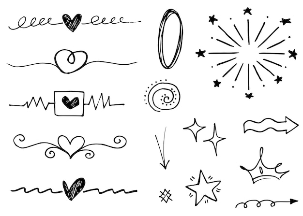 Conjunto de elementos dibujados a mano Flechas abstractas cinta corazón estrella hoja corona y otros elementos en estilo dibujado a mano para el diseño de concepto Ilustración de garabato Ilustración vectorial