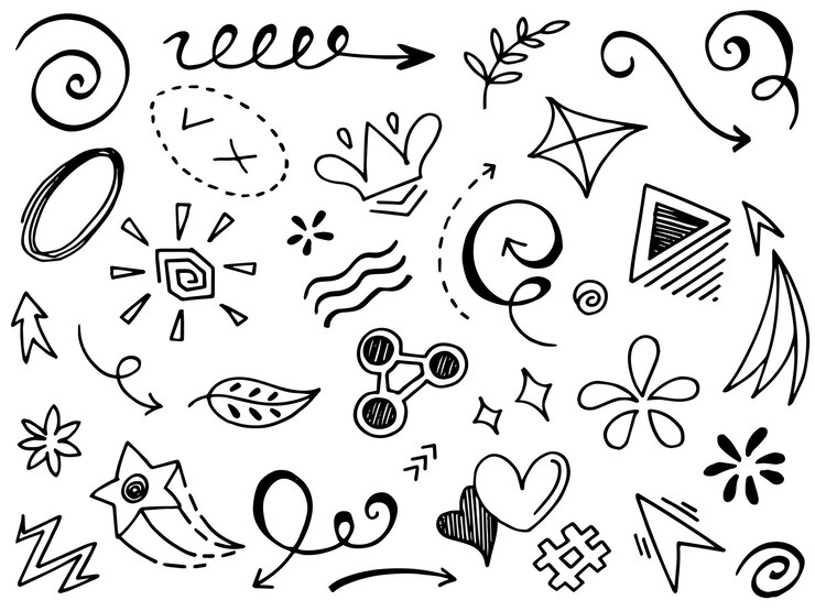 Vector conjunto de elementos dibujados a mano flechas abstractas cintas corazones estrellas coronas y otros elementos en un estilo dibujado a mano para diseños conceptuales ilustración de garabatos ilustración vectorial