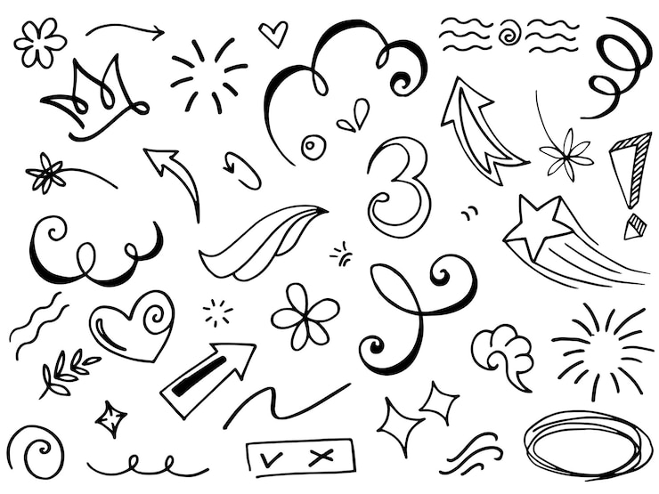 Vector conjunto de elementos dibujados a mano flechas abstractas cintas corazones estrellas coronas y otros elementos en un estilo dibujado a mano para diseños conceptuales ilustración de garabatos ilustración vectorial