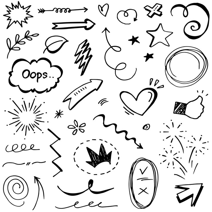 Vector conjunto de elementos dibujados a mano flechas abstractas cintas corazones estrellas coronas y otros elementos en un estilo dibujado a mano para diseños conceptuales ilustración de garabatos ilustración vectorial