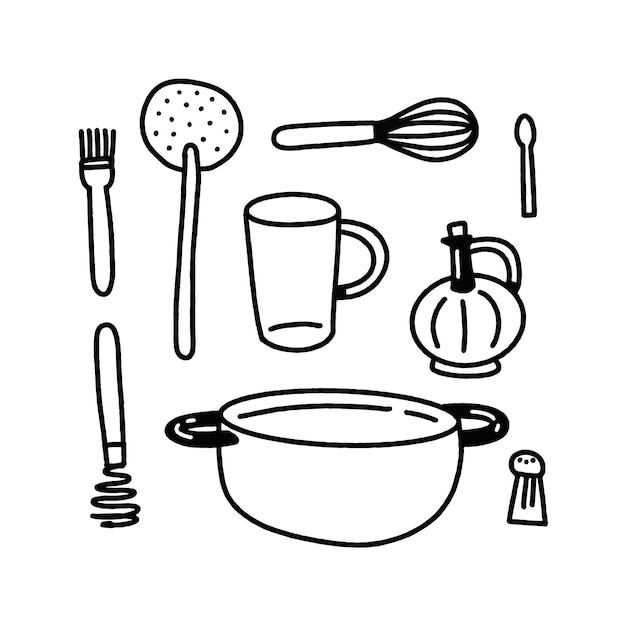 Conjunto de elementos dibujados a mano de utensilios de cocina para hacer pan.