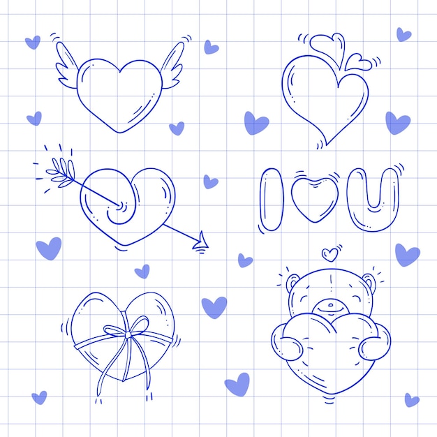 Conjunto de elementos de dibujo azul para el día de San Valentín en estilo garabato sobre un fondo blanco a cuadros Paquete de amor