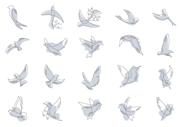 Conjunto de elementos de dibujo de líneas continuas de pájaros