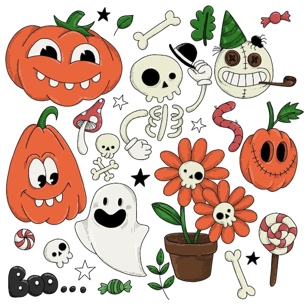 conjunto de elementos de dibujo vectorial para la festividad de halloween al estilo de dibujos animados 30s lindo salón