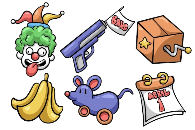 Conjunto de elementos de dibujos animados dibujados a mano del día de los tontos de abril Colección de vectores aislados
