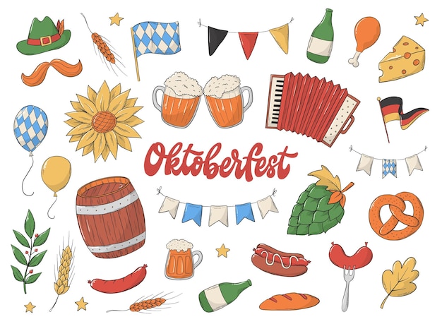 Conjunto de elementos de dibujos animados de garabatos de Oktoberfest para pegatinas imprime iconos clip art tarjetas decoración