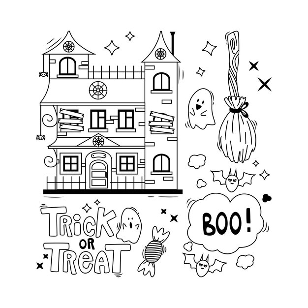Conjunto de elementos de dibujos animados de Halloween y letras Arte lineal de truco o trato