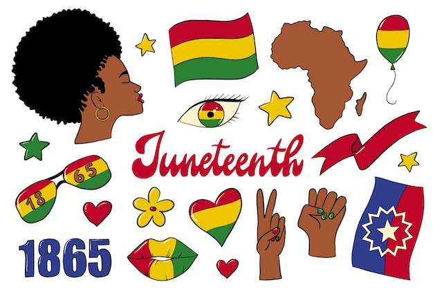 conjunto de elementos de dibujos animados de imágenes prediseñadas de garabatos de Juneteenth para pegatinas, ropa, decoración, impresiones, carteles