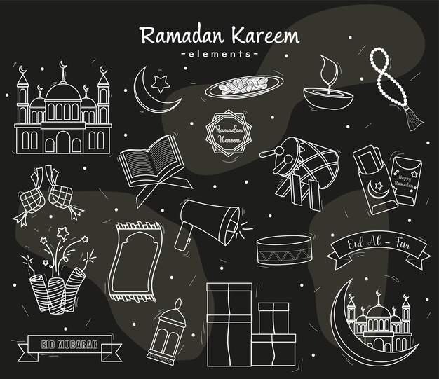 Conjunto de elementos de dibujos vectoriales de Eid Mubarak Eid al Fitr.