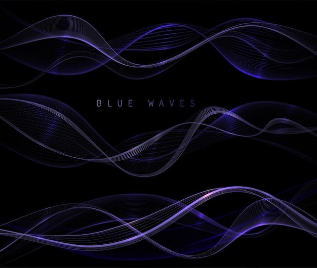 Conjunto de elementos de diseño aislados de ilustración azul ondulado sobre fondo negro