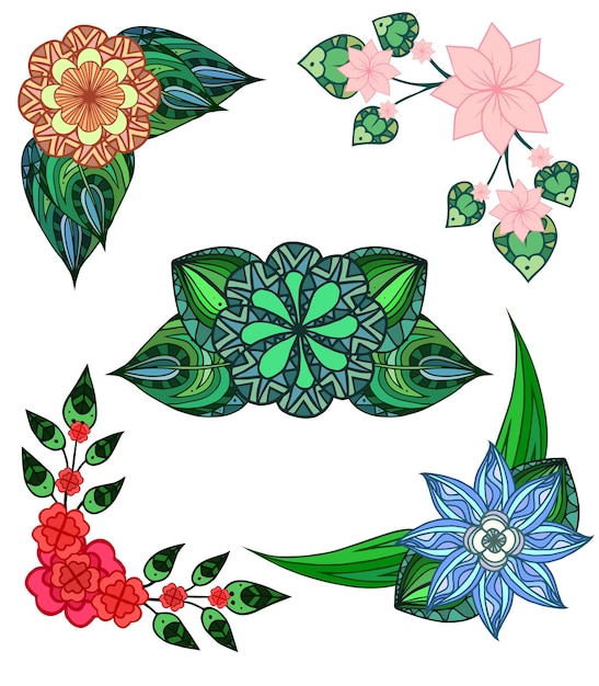 Conjunto de elementos de diseño angulares dibujar flores y hojas Vector