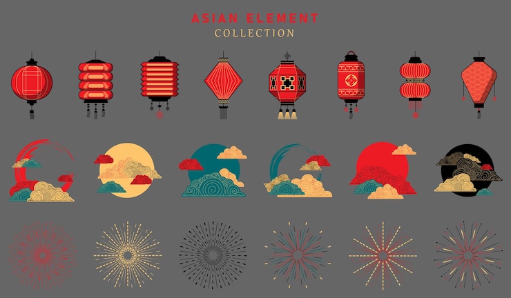 Conjunto de elementos de diseño asiáticos Colección decorativa vectorial de linternas nubes de luna fuegos artificiales