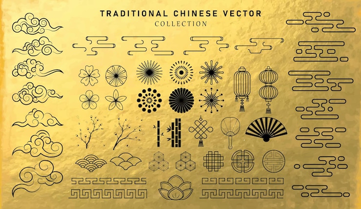 Conjunto de elementos de diseño asiáticos Colección decorativa vectorial de patrones linternas flores nubes