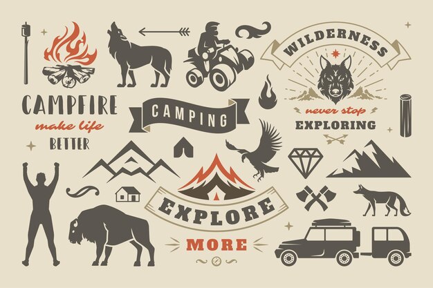 Conjunto de elementos de diseño de aventura al aire libre y camping, cotizaciones e iconos ilustración vectorial. Montañas, animales salvajes y otros. Bueno para camisetas, tazas, tarjetas de felicitación, superposiciones de fotos y carteles.