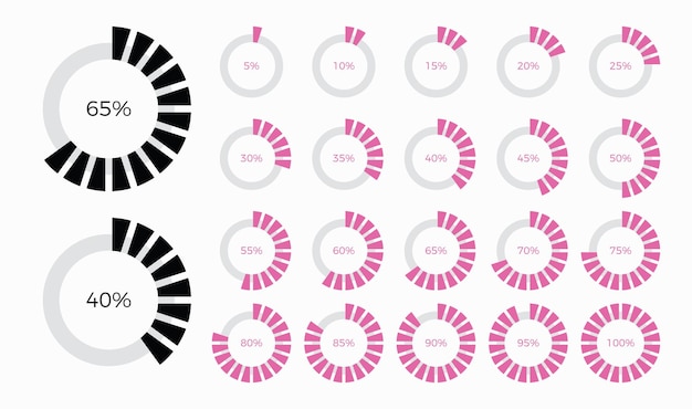 Vector conjunto de elementos de diseño de diagramas circulares infográficos de moda con porcentajes