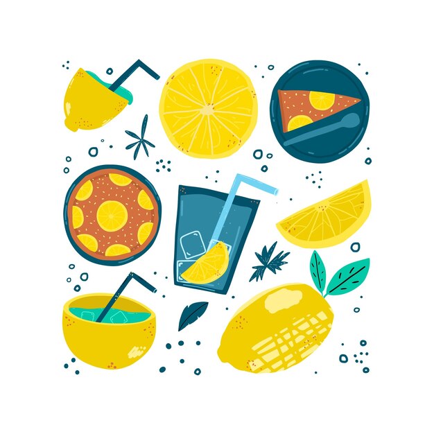 Conjunto de elementos de diseño dibujados a mano con ilustración vectorial de limón