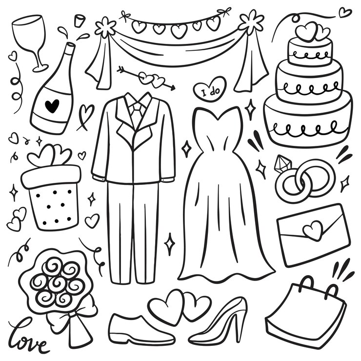 Vector conjunto de elementos de diseño de doodle de boda dibujados a mano