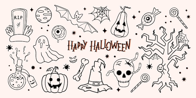 Conjunto de elementos de diseño de Feliz Halloween en estilo doodle