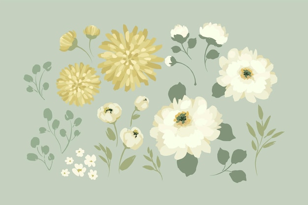 Conjunto de elementos de diseño floral abstracto Hojas flores ramas de hierba Ilustraciones vectoriales
