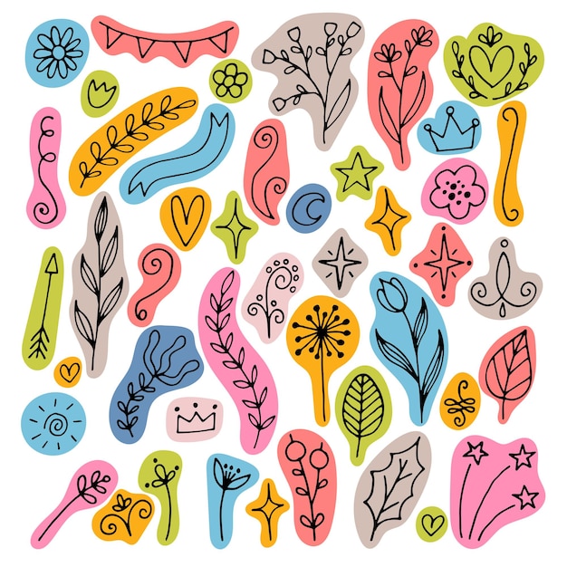 Conjunto de elementos de diseño floral dibujados a mano Elementos de decoración rústica Flores ramas cintas estrellas Doodle