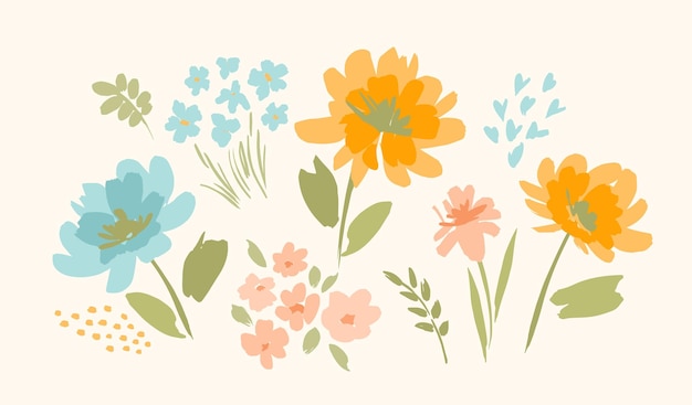 Conjunto de elementos de diseño floral hojas flores hierba ramas ilustración vectorial