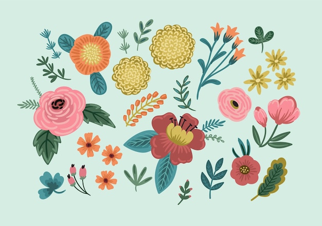 Conjunto de elementos de diseño floral. Ilustración vectorial.