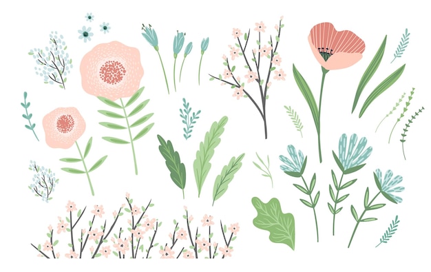 Conjunto de elementos de diseño floral de primavera Hojas flores hierba ramas Vector