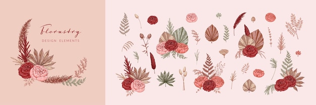 Conjunto de elementos de diseño de flores secas modernas ramos de boho ilustración de vector dibujado a mano