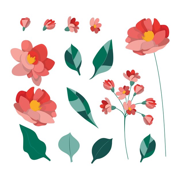 Conjunto de elementos de diseño en forma de flores y hojas aisladas Flores rojas y rosadas Hojas verdes